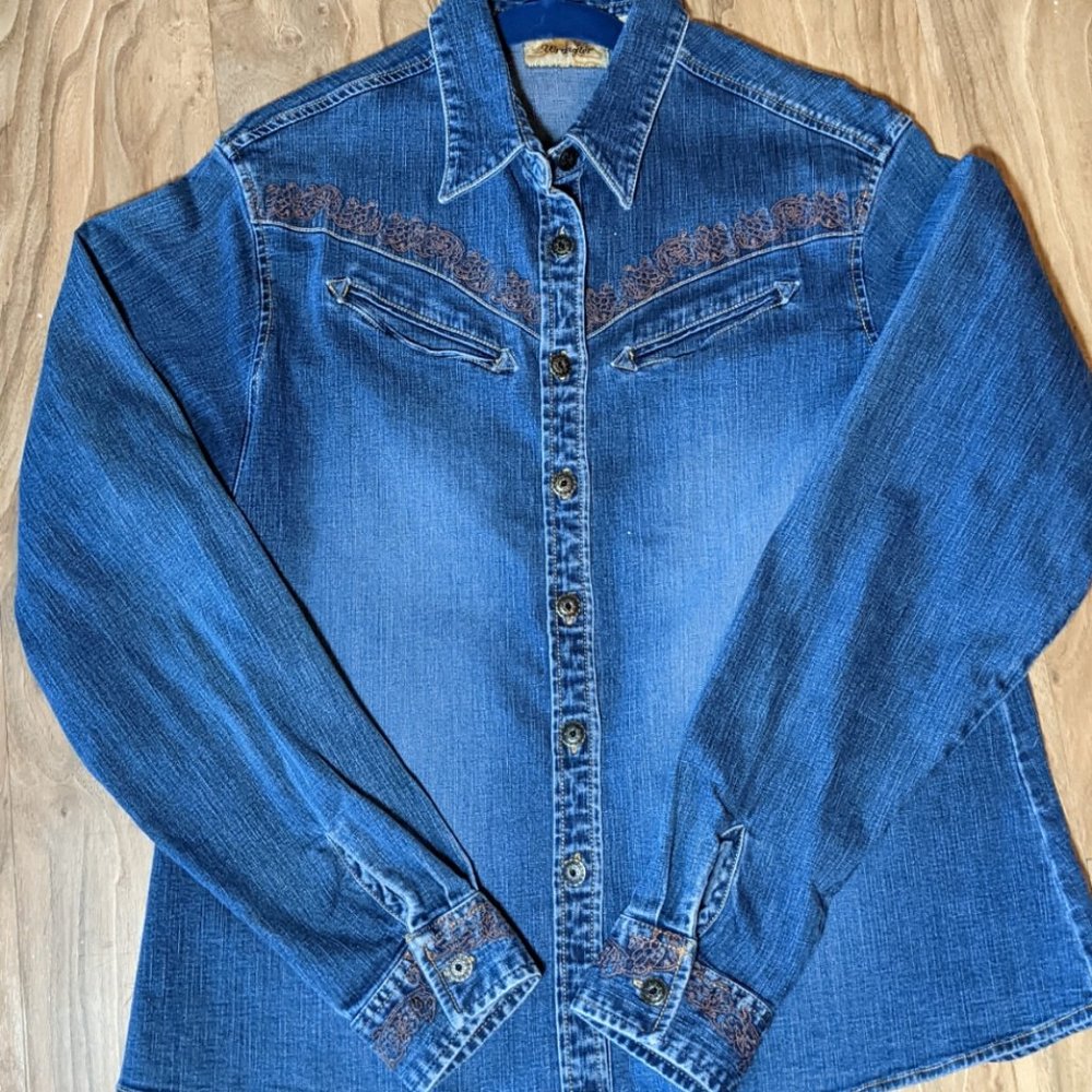 Wrangler Embroidered Jean Jacket Shirt Western Boho